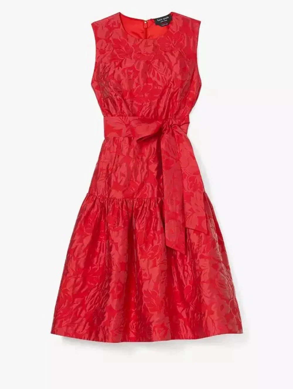 Kate Spade Julia Red Floral Brocade Fit & Flare Dress with Waist Tie, Size 00.